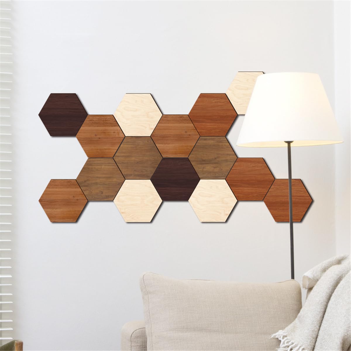 Wooden Multi Color Wall Art Decals, 15 PCS 3D Hexagon Wall Tiles for Office, Living Room, Bedroom, Home