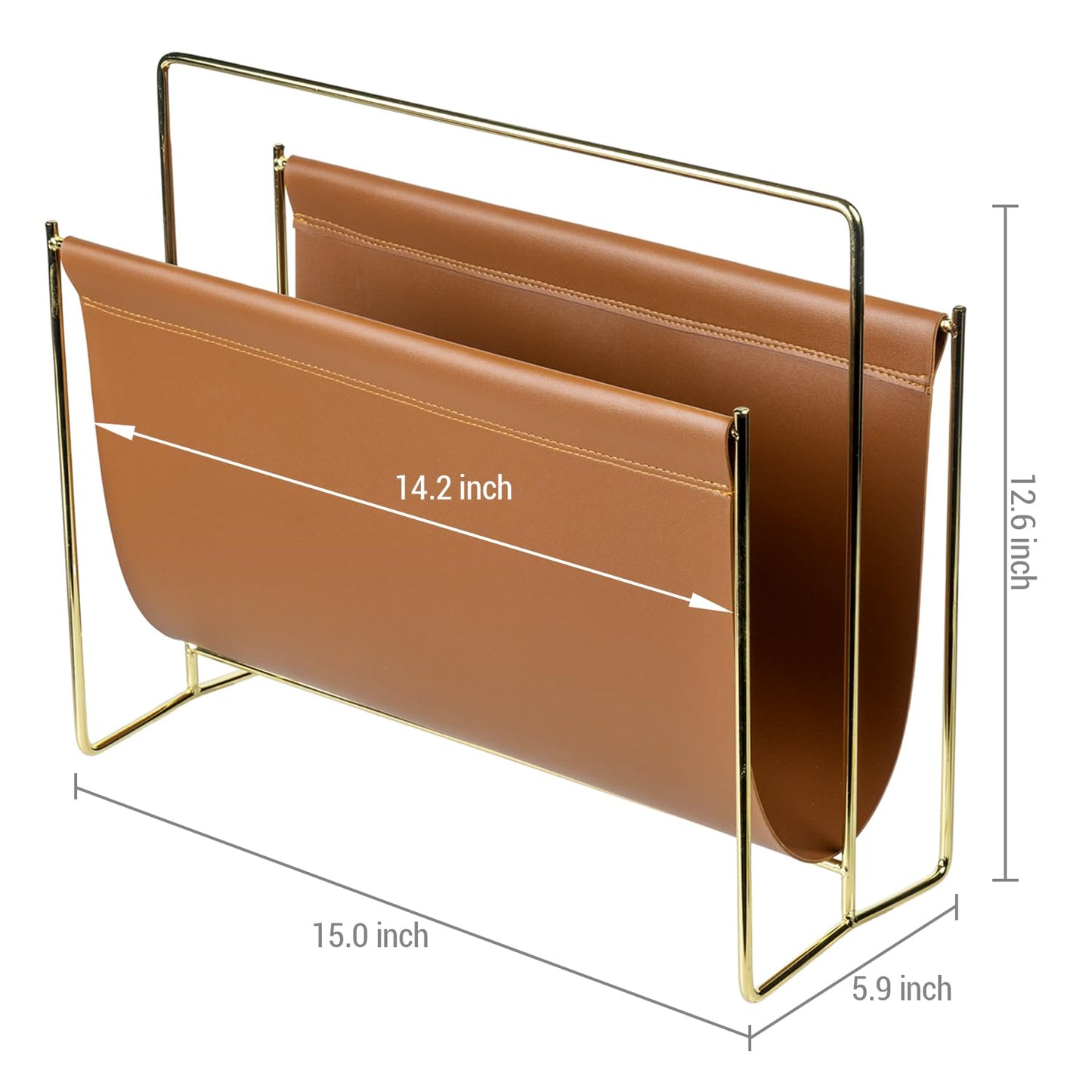 MyGift Magazine Holder Magazine Rack Floor 15-Inch Modern Brown Leatherette & Brass Plated Metal Floor Standing Faux Leather Sling Style Newspaper Rack for Home, Bathroom, Office Decor