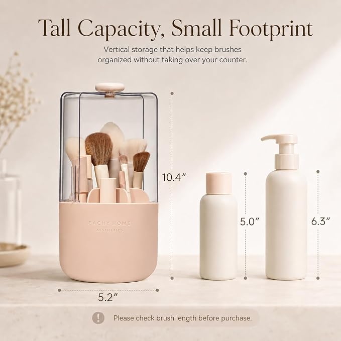 EACHY Makeup Brush Holder with Lid, 360° Rotating Vanity Organizer for Brushes, Dustproof Cosmetic Display Case, 7 Compartments, Waterproof Plastic (Pink)