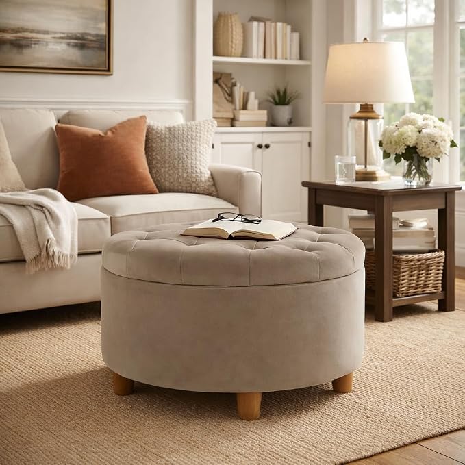Homepop Home Decor | Button Tufted Velvet Round Storage Ottoman | Ottoman with Storage for Living Room & Bedroom, Fawn Velvet