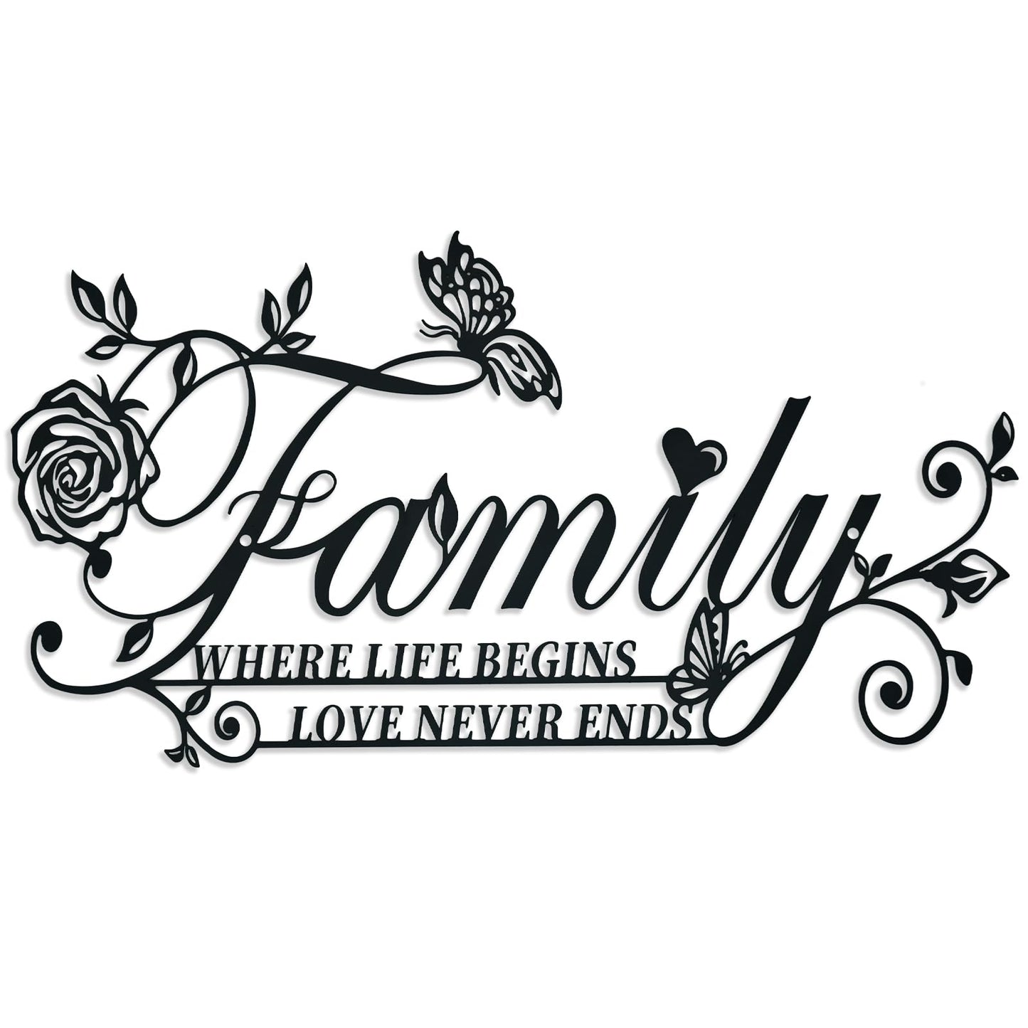 Family Where Life Begins Love Never Ends Word Sign Metal Wall Art Decor, Heavy-duty Iron Black Letters Quotes Sign Wall Sculptures Home Decor, Hanging Wall Art Decoration for Living Room Bedroom