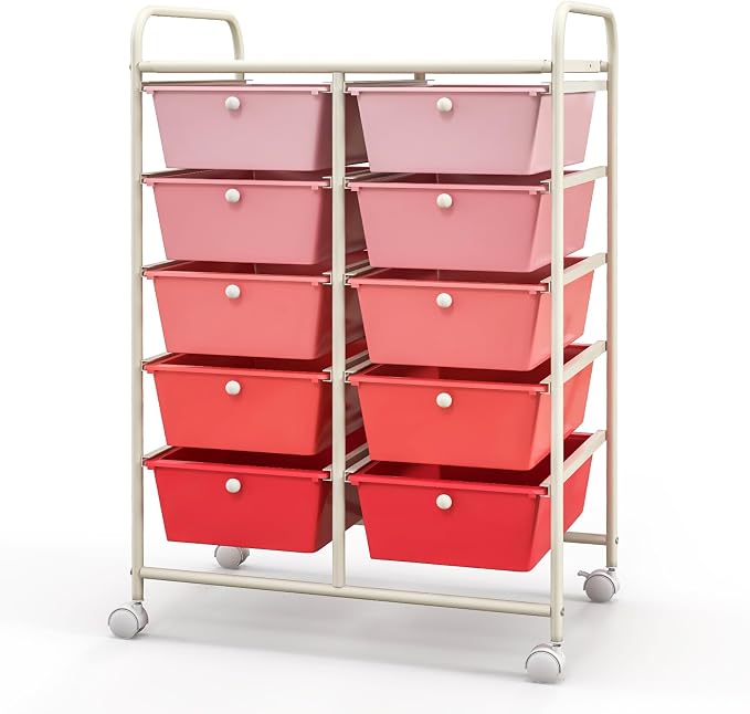 Giantex 10 Drawers Rolling Cart, Classroom Organizers, Storage Cart with Wheels, for Teacher Office Home School Supplies Tool Craft Art Paper, Pink Gradient
