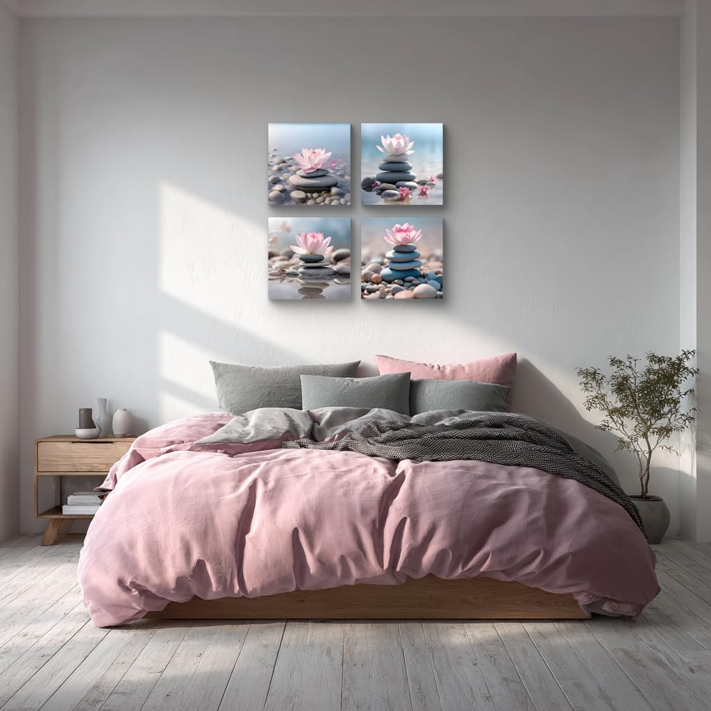 NAN Wind 4PCS Mordern Zen High-Definition Canvas Print Pink Lotus Stacked Zen Stones Spa Wall Art Easy-to-Hang Wall Art for Serene Home Deco Meditation Rooms Yoga Studios and Zen Enthusiasts
