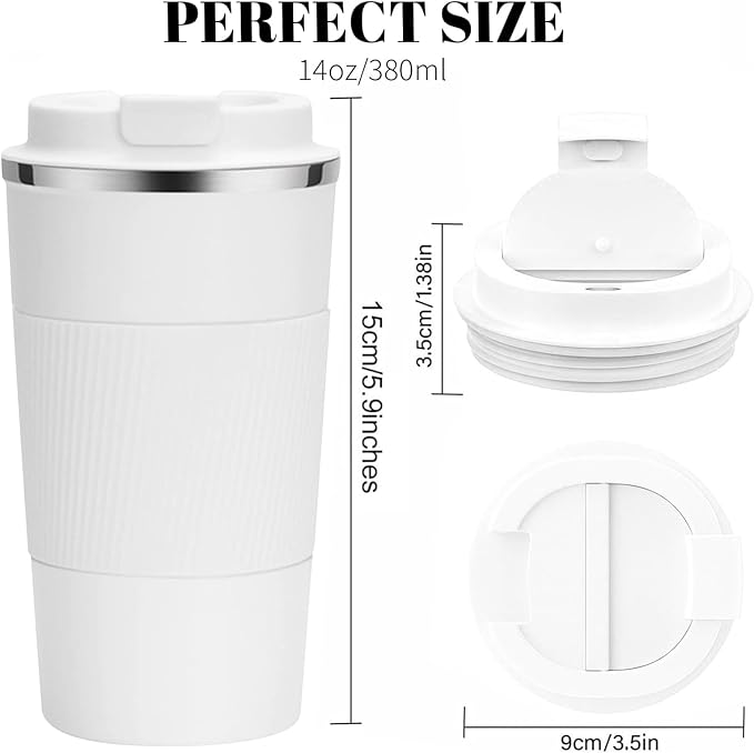 YINBAOGE Insulated Travel Coffee Mug, Spill & Leak Proof, Portable To Go Camping Stainless Steel Coffee Tumbler, Reusable Thermal Coffee Cup with Lid for Hot & Cold Drinks (White, 12 OZ)