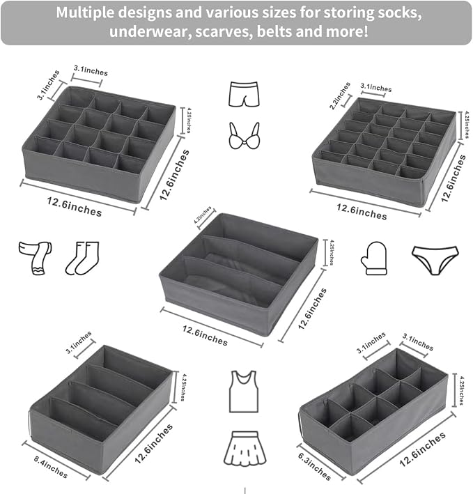 Lourome Underwear Organizer, 10 Set Foldable Fabric Underwear Drawer Organizer and Sock Organizer, Drawer Organizers for Clothing, Storage Bins for Underwear, Sock, Bra and Tie