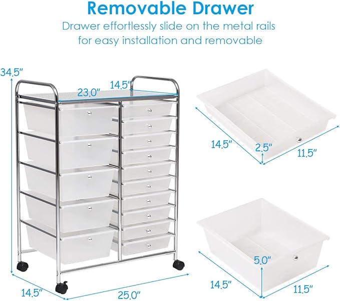 Giantex 15 Drawer Rolling Storage Cart Tools Scrapbook Paper Office School Organizer, Clear