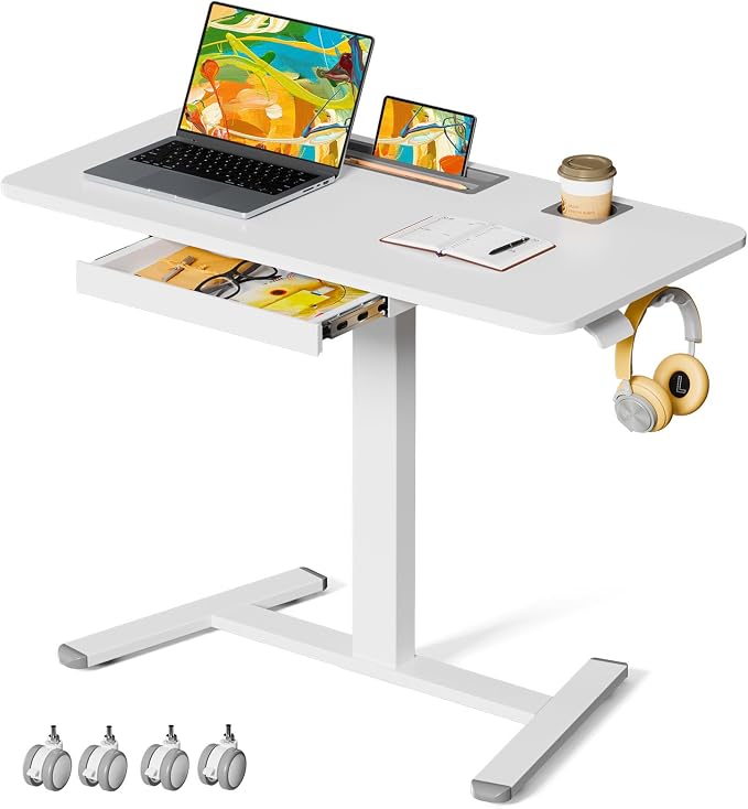Mobile Standing Desk with Drawer, 40" Small Standing Desk with Cup Holder, Rolling Laptop Workstaion on Wheels, Height Adjustable Table with Storage for Home Office, White