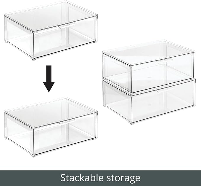 mDesign Plastic Stackable Bathroom Storage Organizer Bin Containers with Front Pull Drawer for Bathroom Countertop, Vanity, Closet Shelves - Holder for Accessories - Lumiere Collection, 2 Pack, Clear