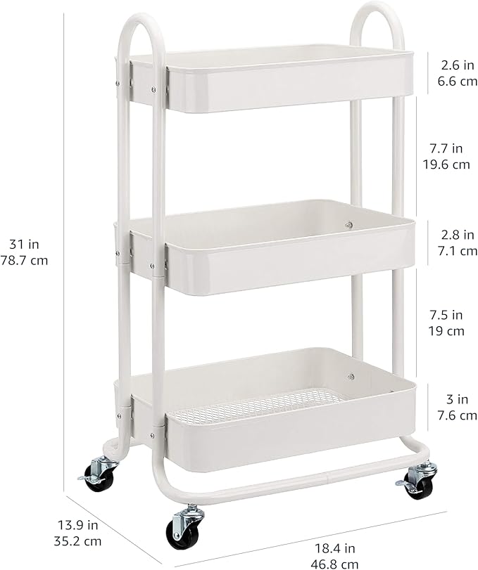 Amazon Basics 3-Tier Rolling Utility Cart, Storage Organizer, Lockable Wheels, Multifunctional Storage, Portable Mobile Shelving Unit, White