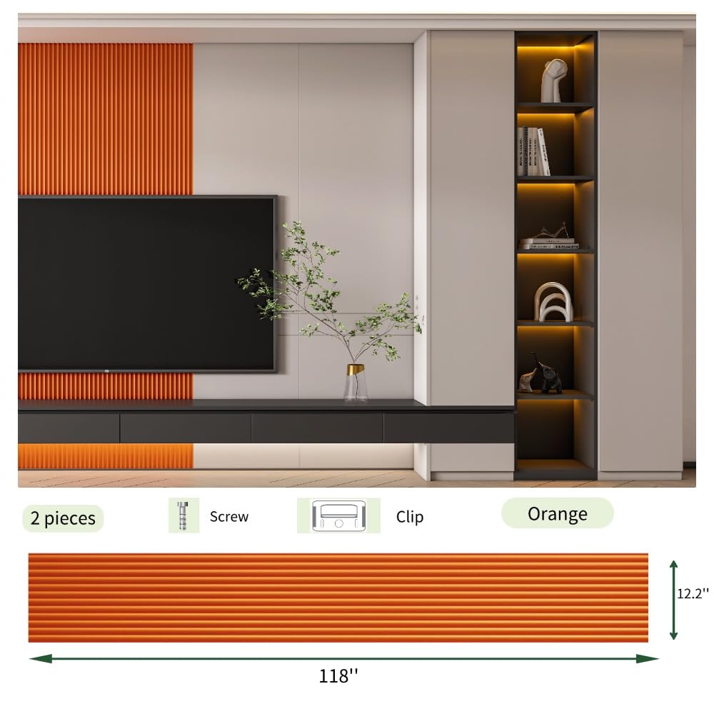 NovaGrid Board 2PCS 3D Acoustic Slat Wall Panels Circle Design Fluted Textured Panel for Interior Wall Decor 118"x6" (Orange)