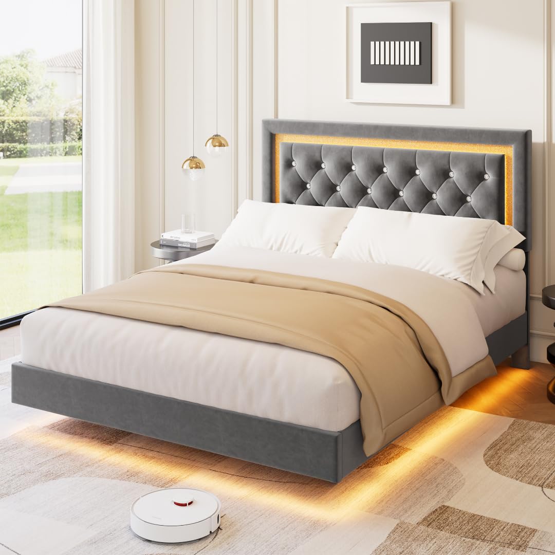 IDEALHOUSE Floating Queen Platform Bed Frame with Smart LED Lights – Modern Upholstered Diamond Headboard, Sturdy Wood Slats, Noise-Free, Easy Assembly, Sturdy Bedroom Furniture