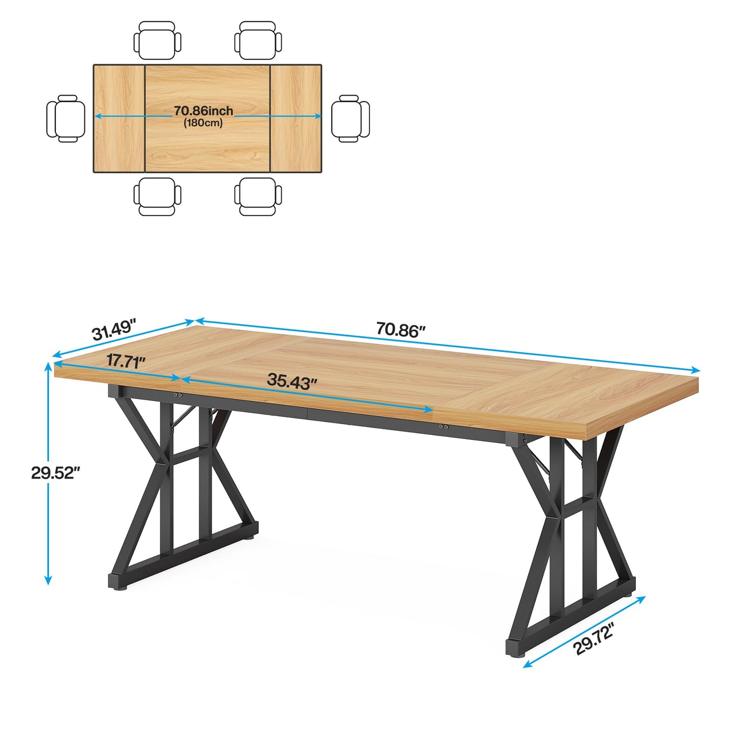 Tribesigns Farmhouse Dining Table for 6 People, 70.8-Inch Rectangular Wood Dining Table, Rustic Kitchen Table with Heavy Duty Metal Legs for Dining Room