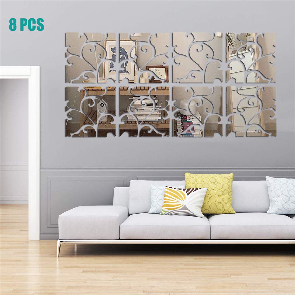 3D Mirror Wall Stickers, Acrylic Square Geometric Pattern DIY Art Decals, Self Adhesive Mirror Plastic Wall Sheet Tiles Home Decoration for Living Room Bedroom Stair Wall Decor (Floral- 8pcs)