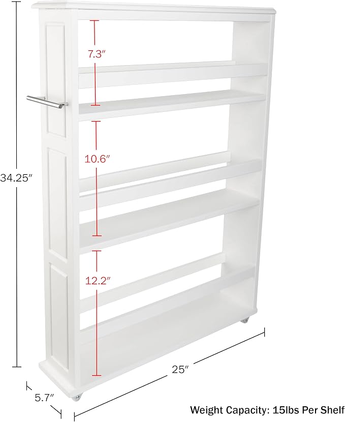 Lavish Home 3-Tier Slim Rolling Storage Cart - 25” x 5.7” Narrow Rolling Cart with Handle and Wheels for Bathroom, Laundry Room, and Kitchen Organization - Pull-Out Home Organizers (White)