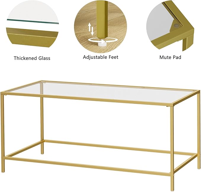 Homleke Glass Coffee Table, Modern Rectangular Coffee Table for Living Room, Minimalist Center Tea Table with Sturdy Metal Frame for Apartment, Office, Easy Assembly, 39.4 x 19.7 x 17.7 Inches, Golden