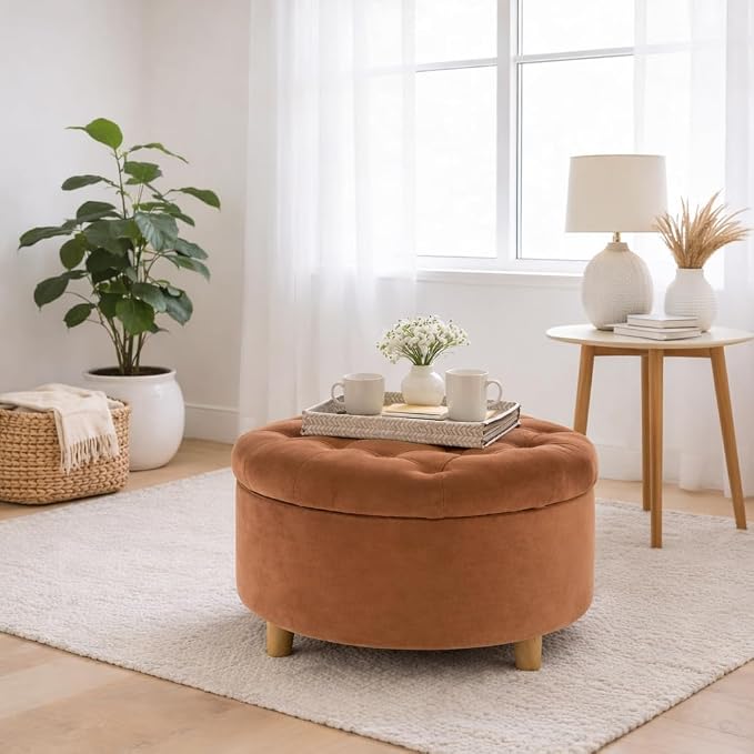 Homepop Home Decor | Button Tufted Velvet Round Storage Ottoman | Ottoman with Storage for Living Room & Bedroom, Spice Orange Velvet