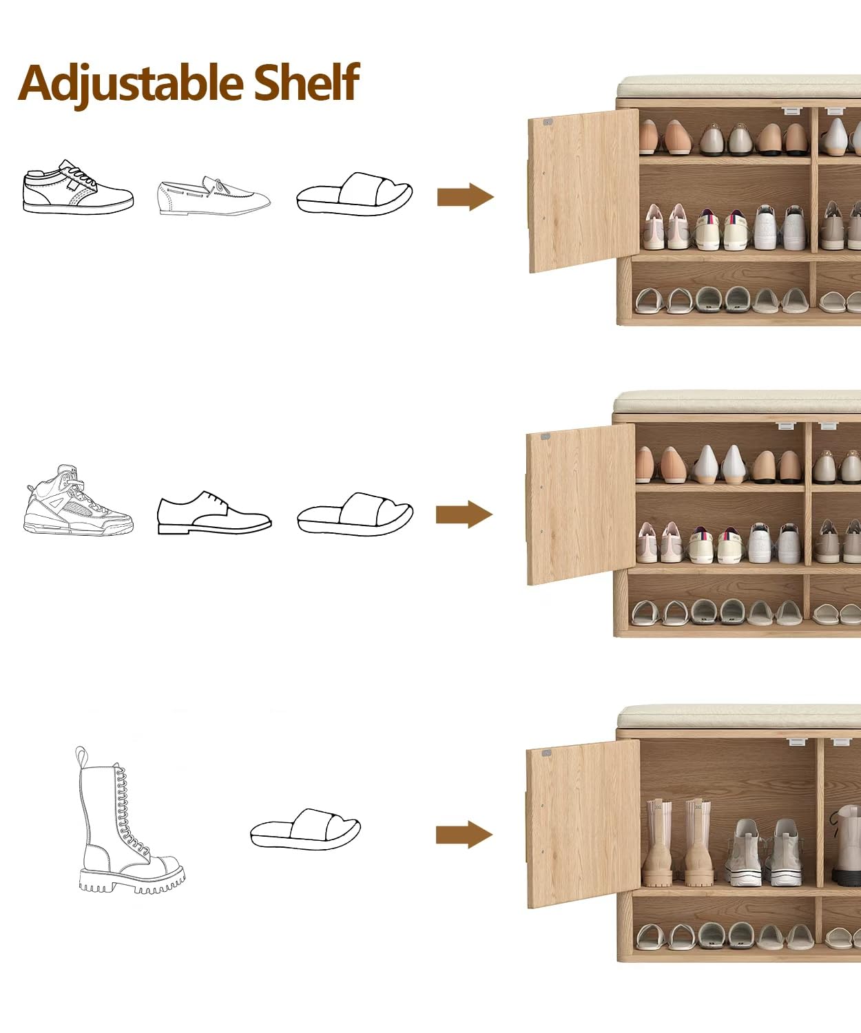 Zeibospri Fluted Shoe Storage Bench with Cushion, 3-Tier Entryway Bench with Adjustable Shelves and Open Bottom Shelf, Hidden Shoe Organizer Cabinet, for Hallway, Living Room, Bedroom, Natural Oak