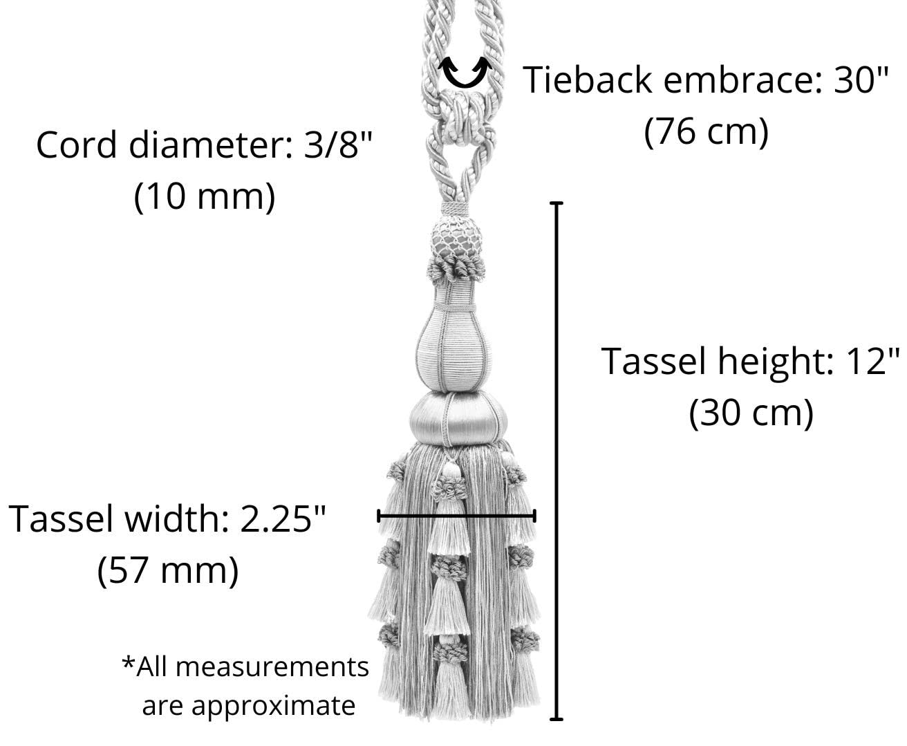 Large Elegant Curtain & Drapery Tassel Tieback, Tassel Length 12" (30.5cm), 30" Spread (76cm) # TBAX12, Almond Beige #LX01 (Gold Beige, Light Brown, White Ivory) Pack of 2