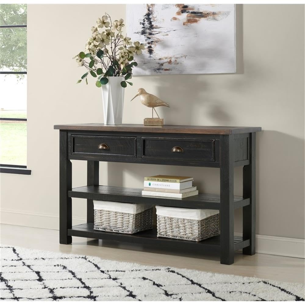 Martin Svensson Home Solid Wood Sofa Console Table, Black with Brown Top