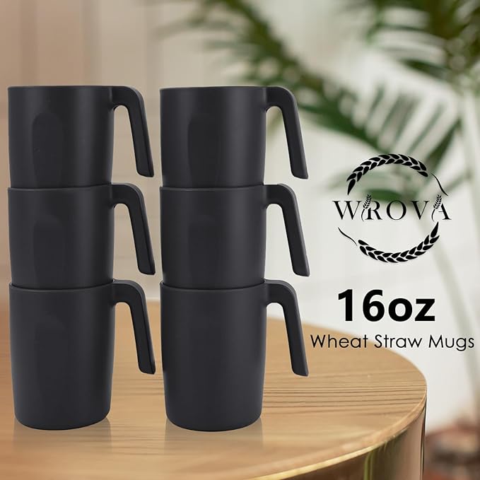 Wrova 16oz Wheat Straw Cups with handles set of 6-Plastic Cups Reusable-Unbreakable Kids Mugs-Dishwasher Safe & Microwave Safe-Ideal Plastic Mugs for Tea,Coffee,Camping,RV-Black