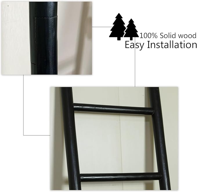 Wooden Blanket Ladder - 76in Natural & Motley Wood - Leaning Wall Decor for Bedroom, Bathroom, Living Room - Rustic Quilt Holder & Towel Rack (Black, 76in | Pre Assembled)