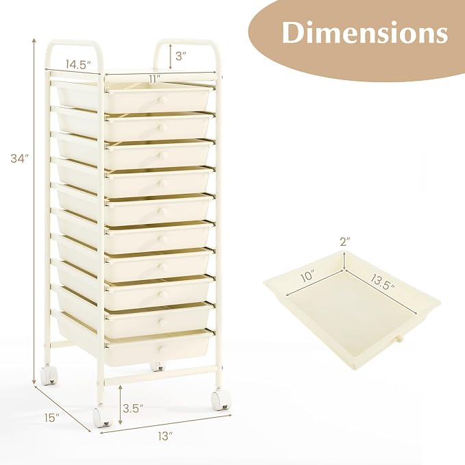 COSTWAY 10-Drawer Rolling Storage Cart, Utility Mobile Trolley with Removable Drawers & Universal Casters & 2 Brakes, Versatile Flexible Drawer Organizer Cart for Home, Office, White
