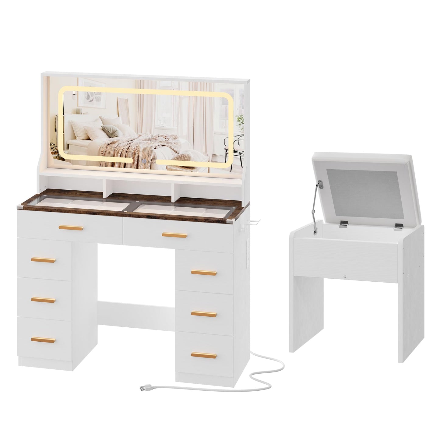 GAOMON Makeup Vanity Desk with Large Lighted Mirror, Vanity Desk with Glass Tabletop, 8 Drawers & 3 Storage Shelves, Vanity Set with Built-in Power Outlet for Bedroom & Dressing Area, White & Rustic