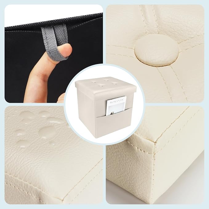 Bsketa Storage Ottoman Foot Rest Stool, Small Leather Storage Ottomans Bench, Folding Footstool with Side Pockets, Foot Rest Under Desk for Living Room Bedroom, 15x15x15 in, Beige