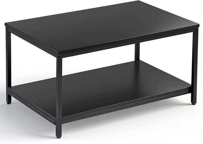 SUPER DEAL 2-Tier Industrial Coffee Table with Storage Shelf for Small Apartment Living Room, Rectangle Wood and Stable Metal TV Stand Side End Table, Black