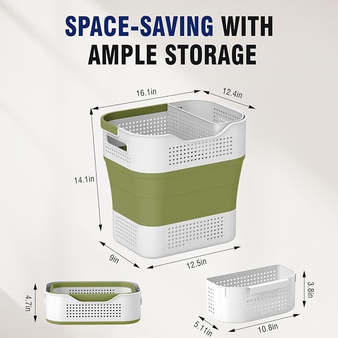 TECHMILLY Collapsible Plastic Laundry Basket Hamper with Handles, 35L Portable Rubber Clothes Basket, Pop Up Storage Container/Organizer with Hanging basket for Washing & Storage, Green