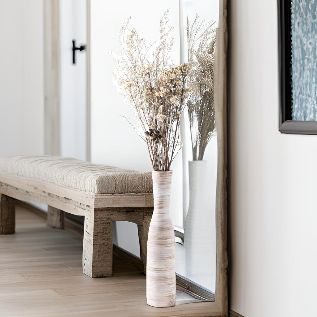 ALMA 16" Tall Floor Vase for Pampas Grass,White Brown Ceramic Centerpiece for Dresser, Skinny Pampas Grass Vessel for Floor, Entryway Table, Fireplace Decor