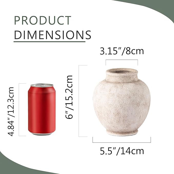 Ceramic Rustic Vase, Small Flower Farmhouse Vase Decorative Vase Short Pottery Vases for Home Decor Table Living Room Entryway Mantel Bookshelf Bedroom Bathroom Kitchen - 6" D