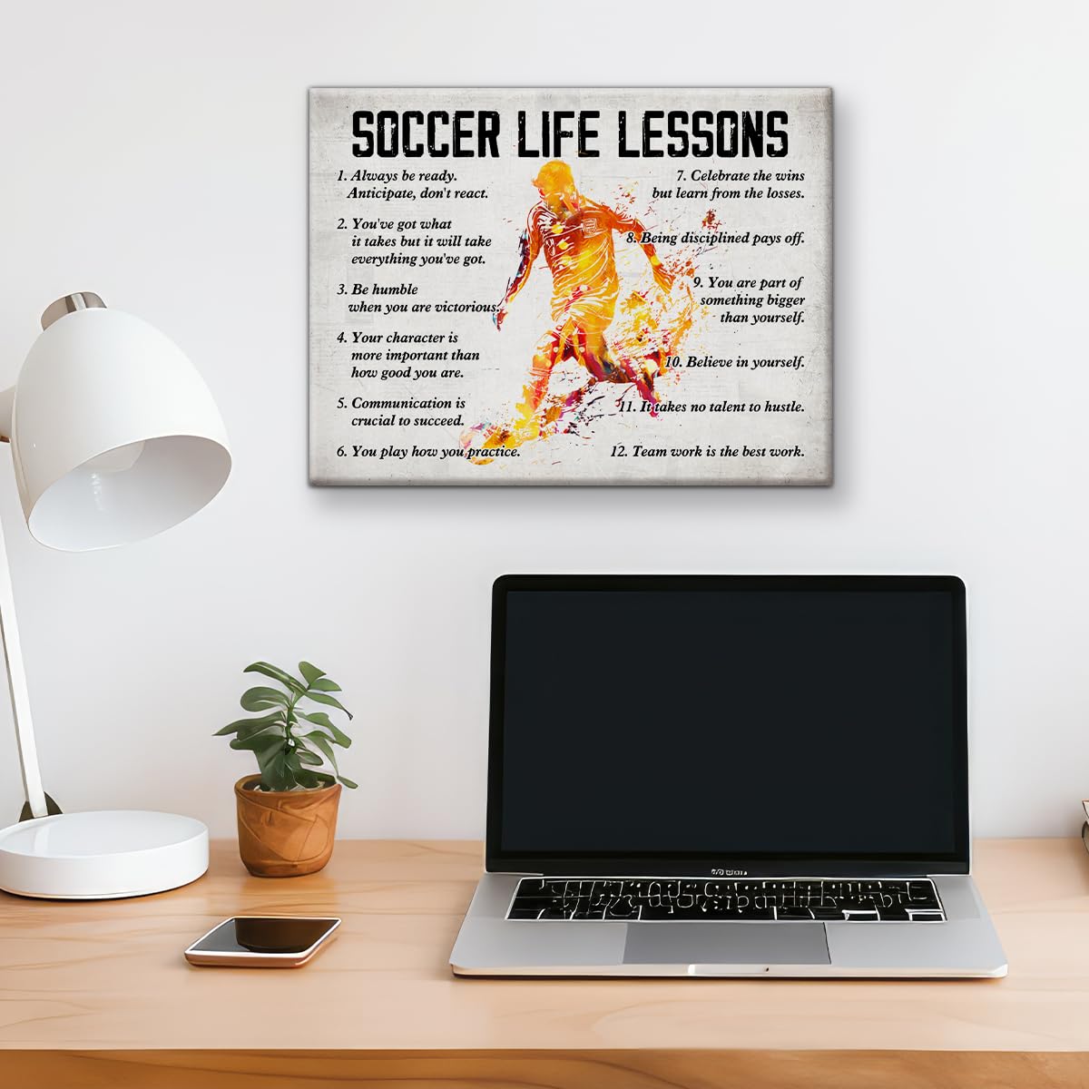 Hijie Soccer Poster Canvas Wall Art Home Decor, Soccer Life Lessons Inspirational Canvas Print Painting Ready to Hang, Soccer Gifts for Men - Easel & Hanging Hook 12x15 Inch