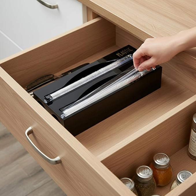 OnDisplay Luxe Acrylic 2-in-1 Plastic Wrap/Wax Paper/Aluminum Foil Dispenser for Drawer or Wall Mountable - Cling Wrap/Parchment Paper/Tin Foil Holder for Kitchen (Black 2-in-1)