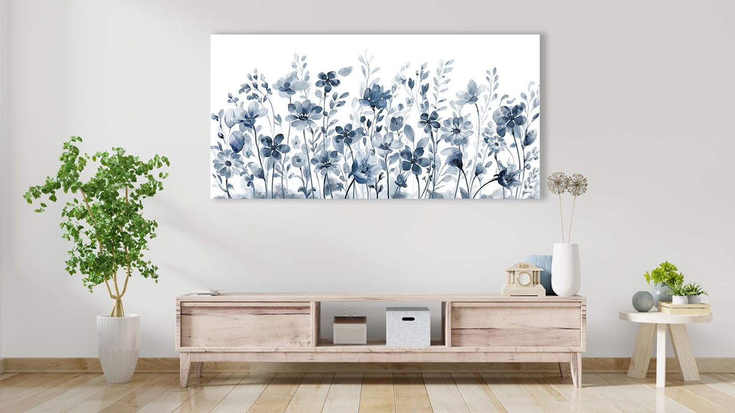 Large Flowers Wall Art for Living Room Decor Framed Art Indigo Wildflower Canvas Pictures Abstract Artwork Navy Blue Floral Canvas Prints for Bedroom Kitchen Home Office Wall Decor 24" x 48"