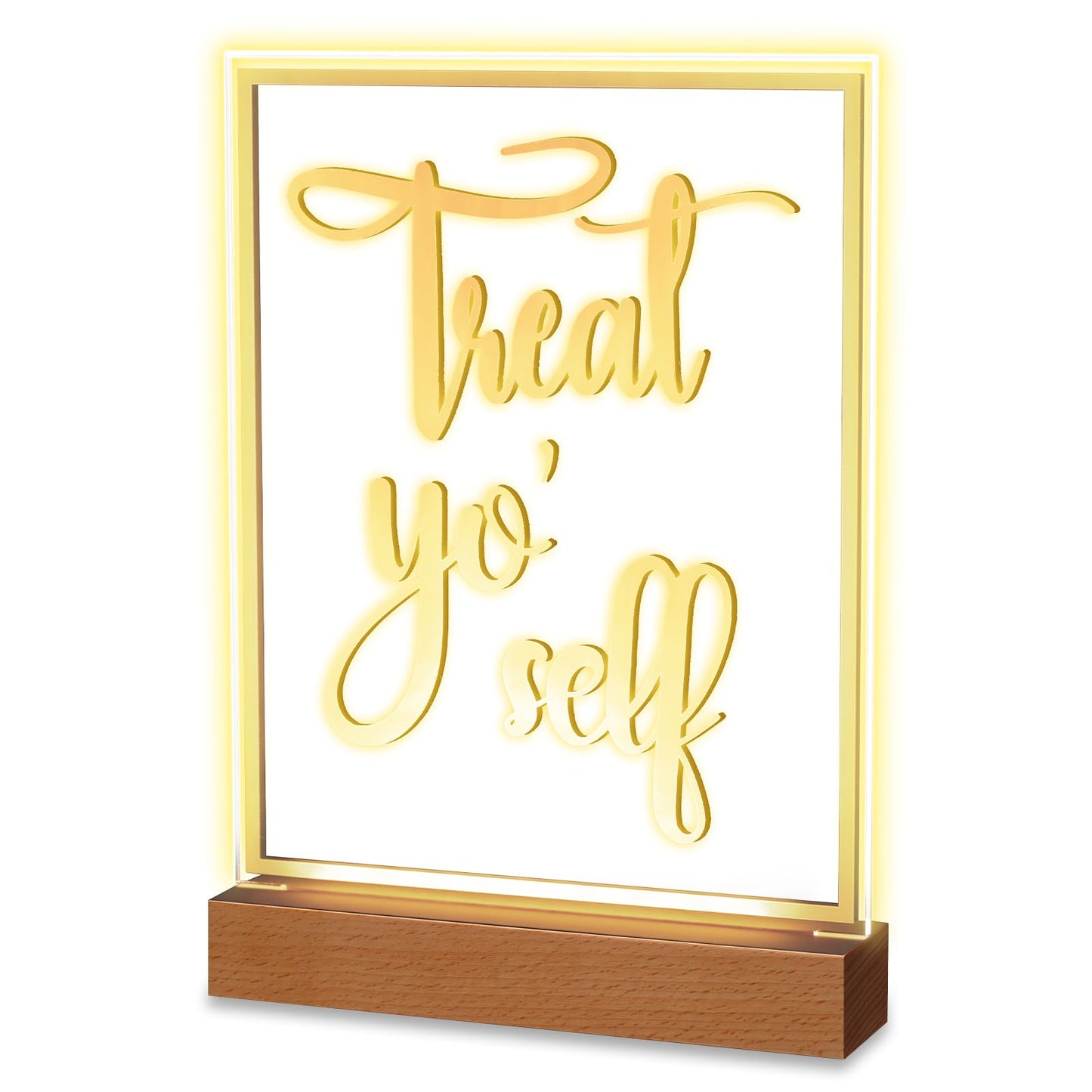Hoolerry LED Acrylic Bar Table Sign 8" x 10" Neon Acrylic Table Centerpiece, Snack Candy Bar Centerpiece with Stand White Text for Dessert Flower Room Decor (Treat Yoself)