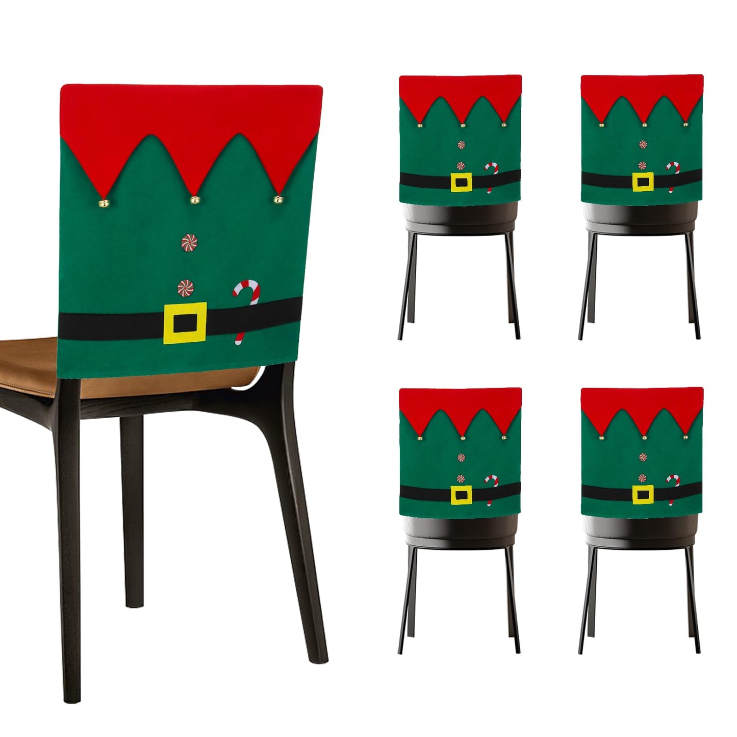 Slsxip Christmas Elf Chair Covers - Kitchen Dining Chair Back Decor with Jingle Bells, Candy Canes & Belt Buckle Design, Holiday Party Home Decorations, Set of 4