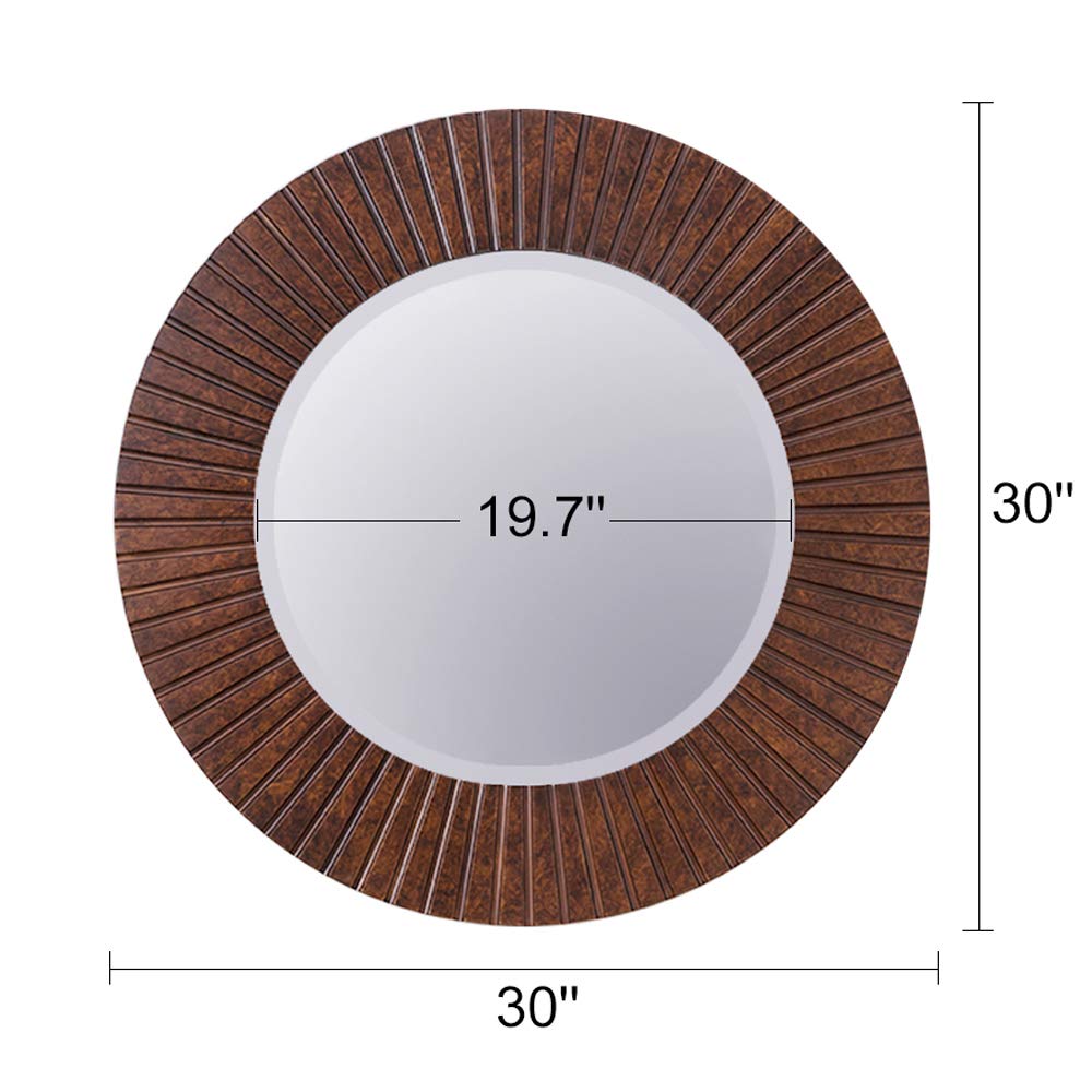 Chende 30'' Round Mirror with Wood Frame, Large Decorative Mirror for Wall, Farmhouse Bathroom Mirror with Bronze Groove Finish for Living Room, Entryway, Bedroom