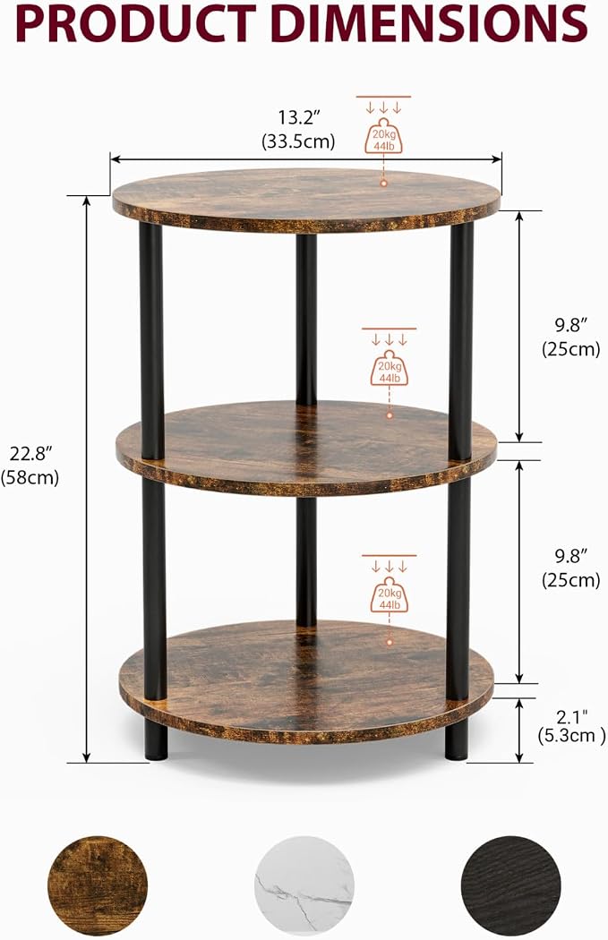 XBurmo Small Round End Table - 3 Tier Design Accent Table, Narrow Side or Bedside Stand, Industrial Vintage Nightstand for Bedroom, Living Room, or Small Spaces, Set of 2, Rustic Brown