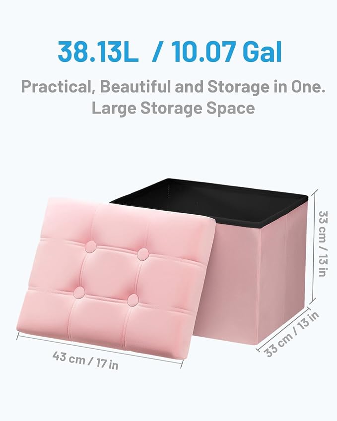 AmasSmile Storage Ottoman Foot Rest Stool, 17 inches Velvet Footstool Bench, Short Ottoman Stool, Small Folding Blanket Ottomans Store Books, Records, Pink