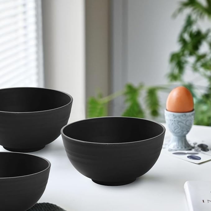 Unbreakable Soup/Wheat Straw Cereal Bowls - Microwave & Dishwasher Safe Soup and Salad Bowls, Set of 8, 26oz, BPA Free, Eco-Friendly for Kitchen Black