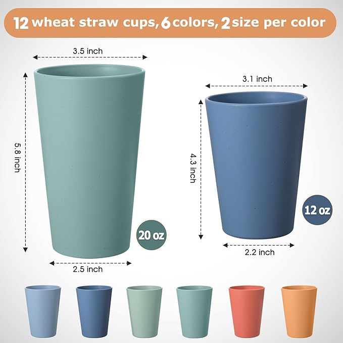 HEYCOME Set of 12 Wheat Straw Cups, 6 Pcs 20 oz & 6 Pcs 12 oz Unbreakable Drinking Cups, Reusable Plastic Cups Sets for Outdoor Camp Kitchen, Microwave & Dishwasher Safe, Bpa Free, 6 Colors