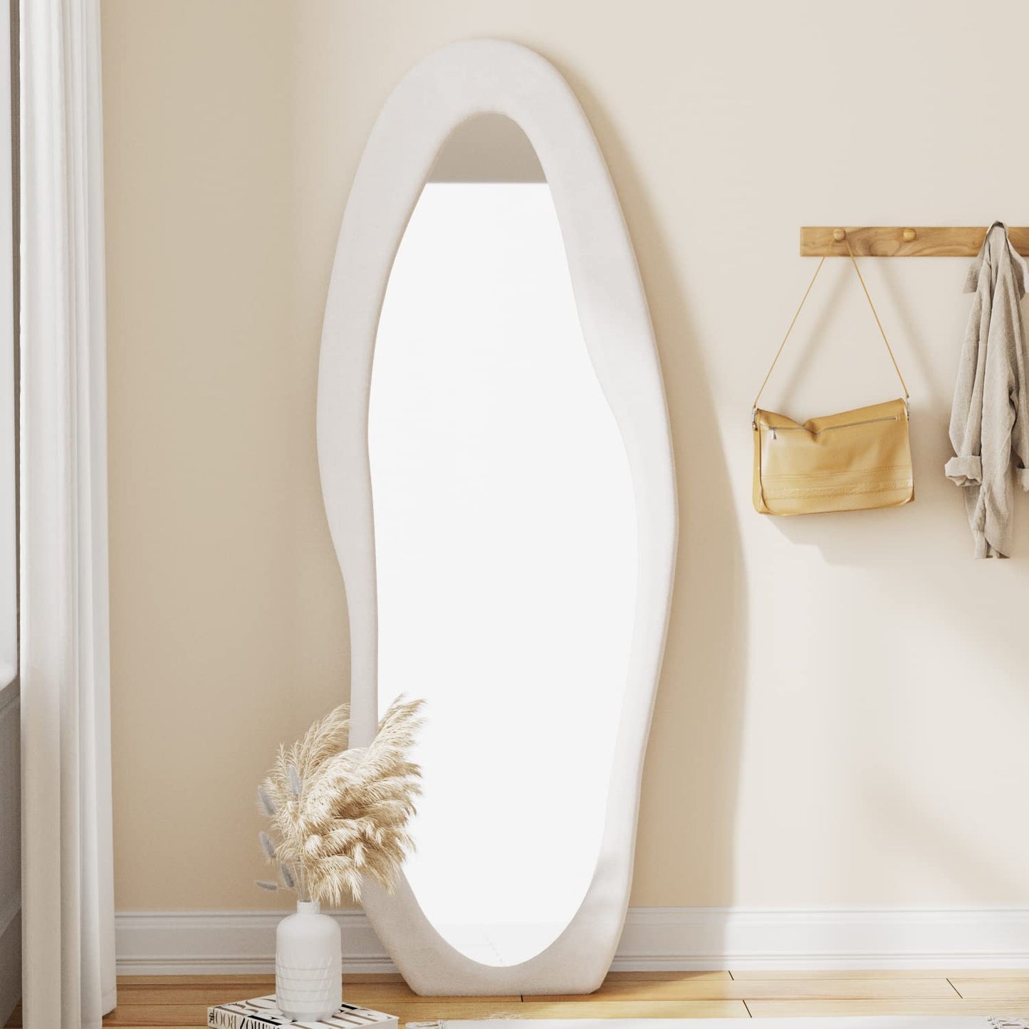 TinyTimes 63" x 24" Full Length Mirror Irregular Wavy Floor Mirror, Standing Wall Mirrors Large Hanging Mirror for Bedroom, Living Room, Flannel Wooden Frame, White