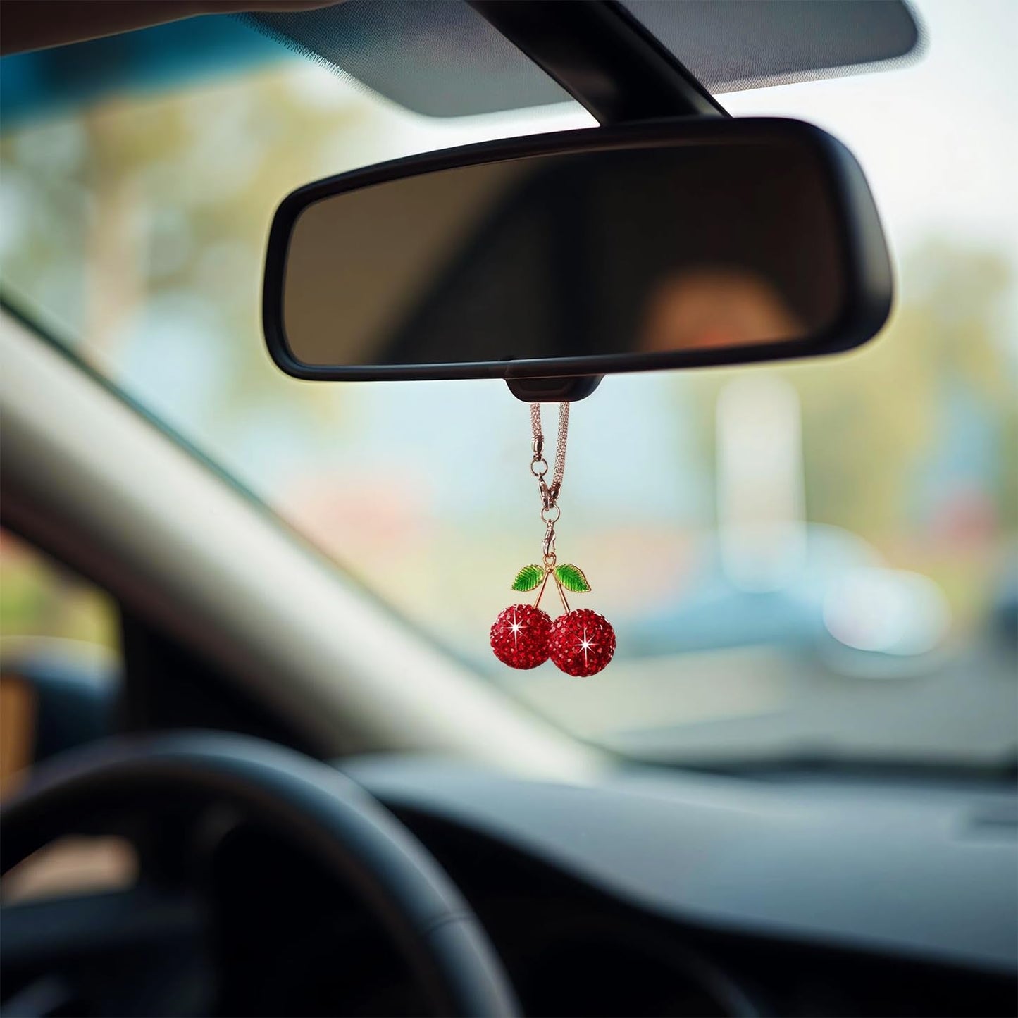 Bling Cherry Car Hanging Ornament, Cute Crystal Rear View Mirror Pendant, Sparkly Diamond Rearview Mirror Charms, Lucky Car Interior Decor Accessories (Red)
