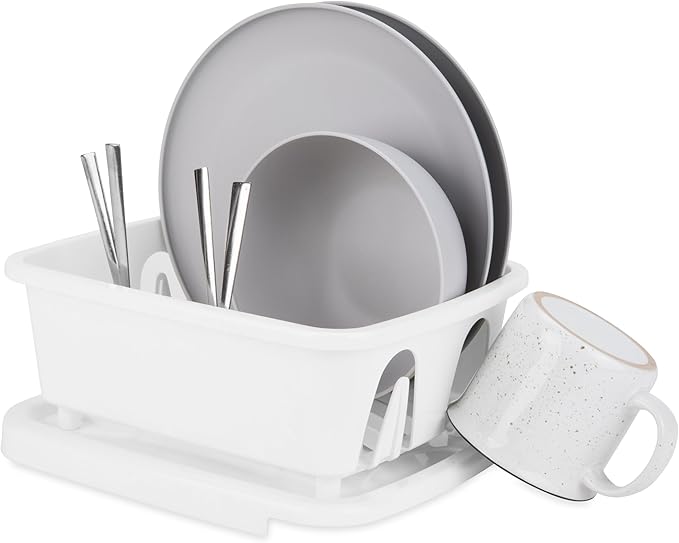 Camco RV Mini Dish Drainer & Tray - Features a Sloped Drain Tray Design, Heavy-Duty Construction - Ideal for Small Spaces, Apartments, Boats, and More -9.5"L x 11.7"W x 4.75"H - White (43511)