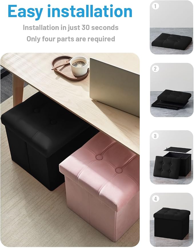 AmasSmile Storage Ottoman Foot Rest Stool, 17 inch Velvet Footstool Bench, Black Short Ottomans Stool, Small Folding Storage Ottoman Store Books, Record