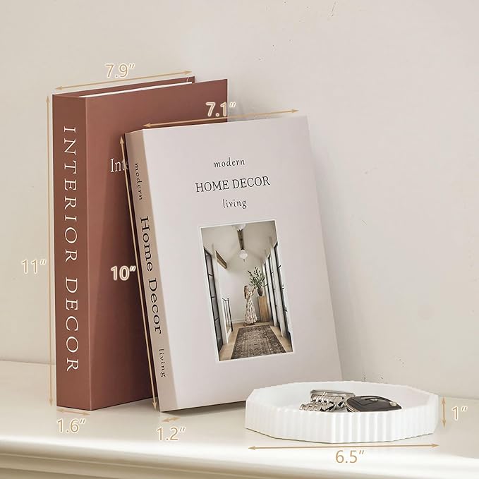 Decorative Plaster Tray & Book Decor Set - Scalloped Tray & Decorative Books Box Enhance Coffee Table or Bookshelf Decor - Modern Home Decoration for Living or Dining Room & as Housewarming Gift