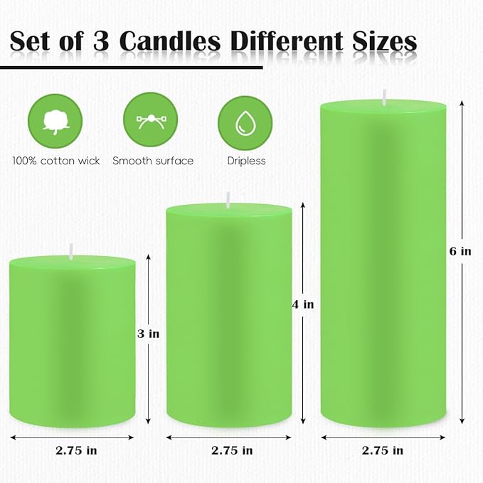 Set of 3 Different Size Light Green Pillar Candles, Unscented Dripless 2.75x3, 2.75x4, 2.75x6 Inch Long Lasting Cylinder Wax Candles for Home Power Outage Dinner Table Decoration