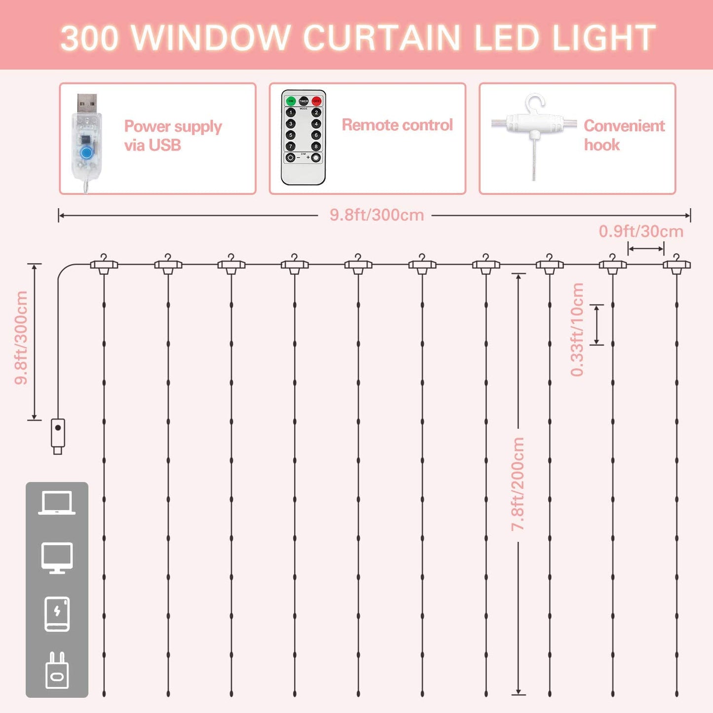 SUNNEST LED Curtain Lights Christmas, 300 LEDs 9.8FT x 9.8FT USB Curtain String Light with 8 Lighting Modes Wall Lights with Remote Control, Twinkle Light for Bedroom Decoration (Red)