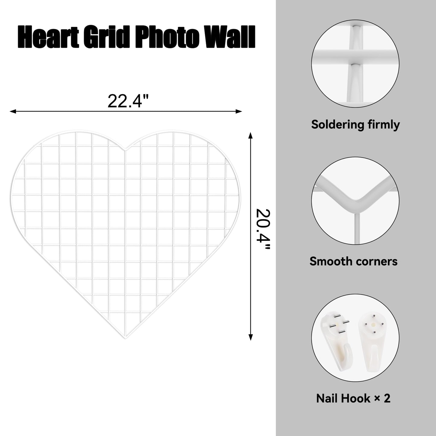 ECLENYES Grid Photo Wall Panels - 22.4"x20.4" Heart Shape Iron Rack Art Wire Board, Wall Grid Organizer, DIY Photo Frame for Home, Office, Kitchen, Bedroom, Christmas Gifts - White
